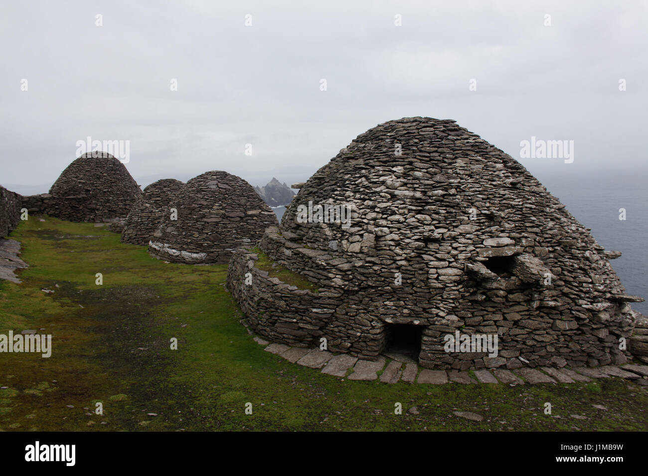 Il monastero in Skellig Michael, un sito Patrimonio Mondiale dell'Unesco nella Contea di Kerry, Irlanda. Foto Stock