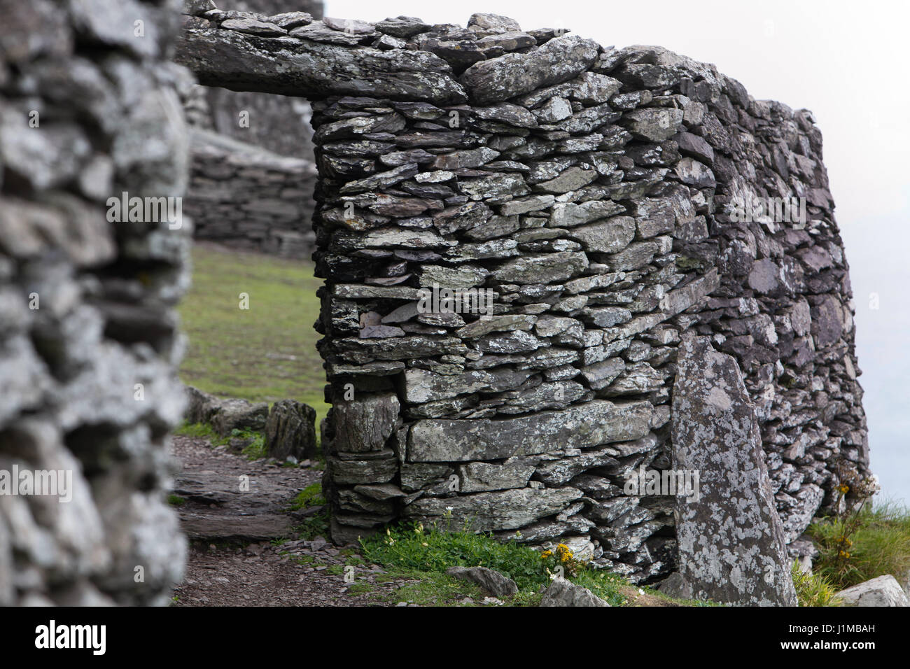 Il monastero in Skellig Michael, un sito Patrimonio Mondiale dell'Unesco nella Contea di Kerry, Irlanda. Foto Stock