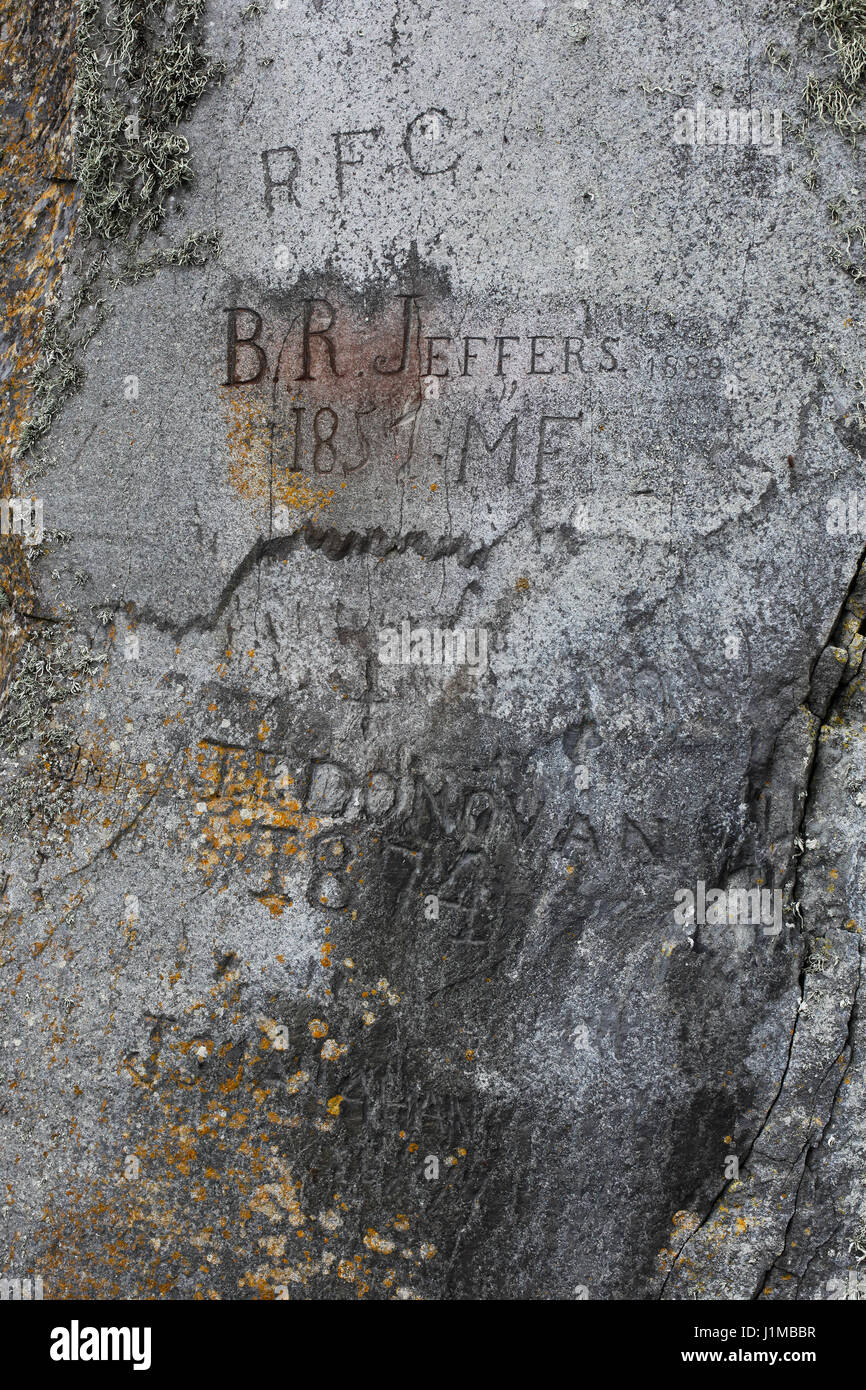 Iscrizioni in pietra su rocce di Skellig Michael, nella contea di Kerry. Foto Stock