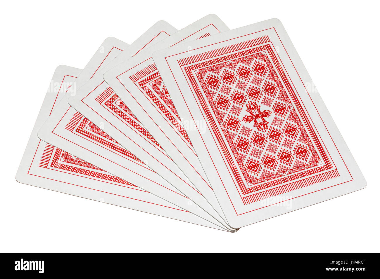 Fan di cinque carte da gioco a faccia in giù torna isolato su uno sfondo bianco Foto Stock
