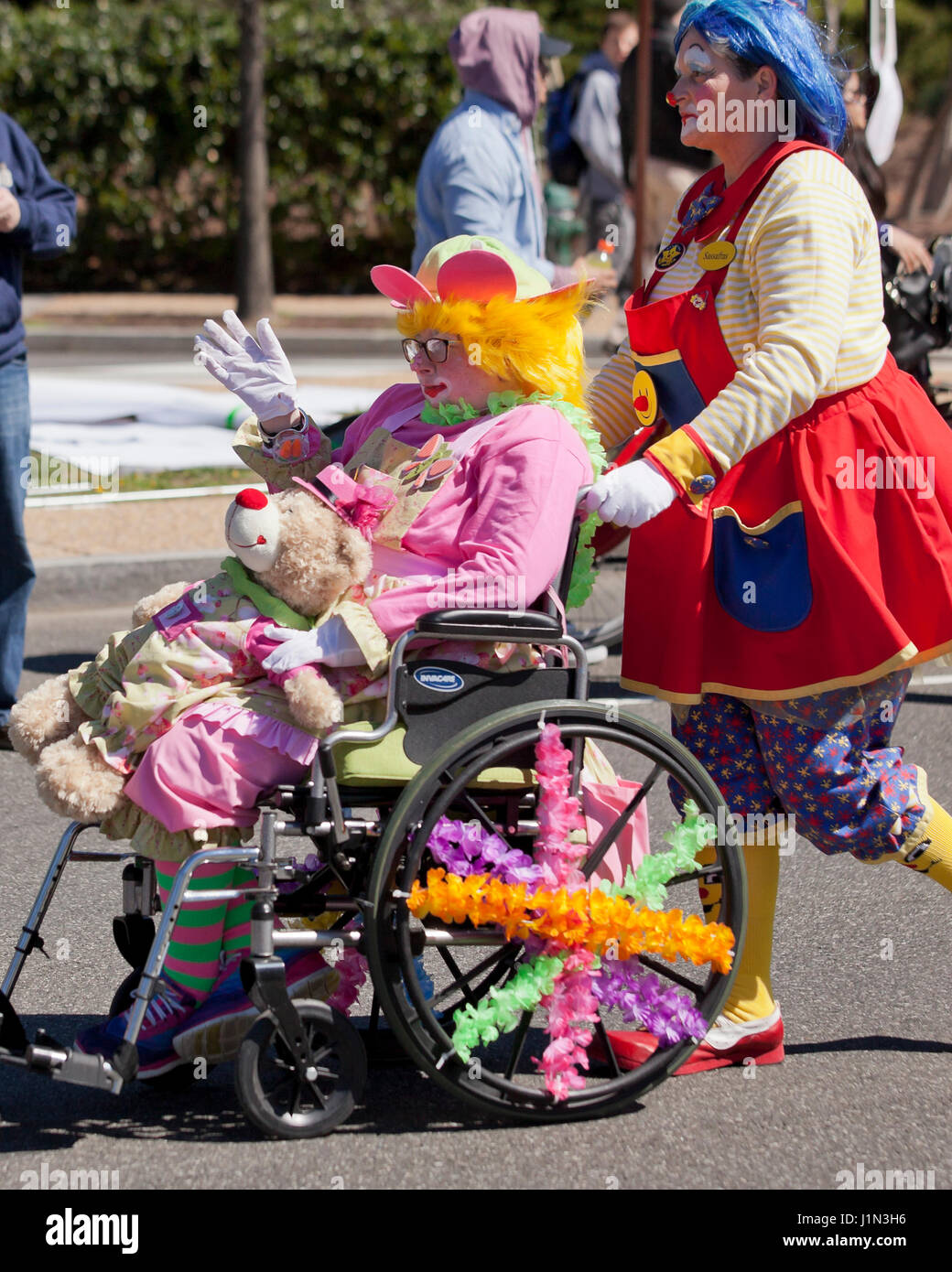 Donna in carrozzella vestito in costume da clown durante la sfilata - USA  Foto stock - Alamy