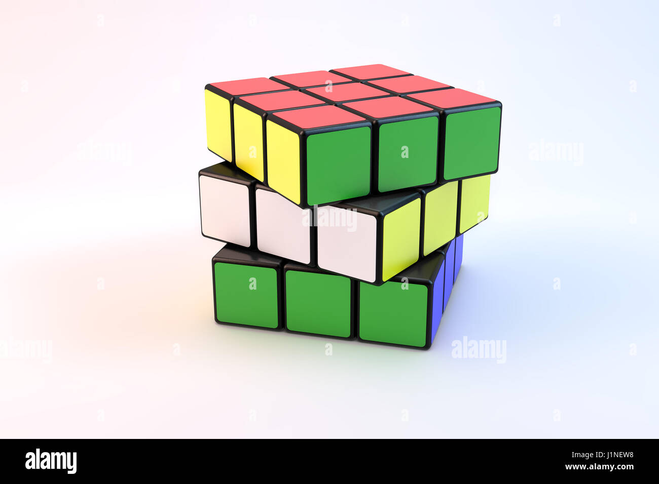 Famoso di Rubik su sfondo bianco Foto Stock