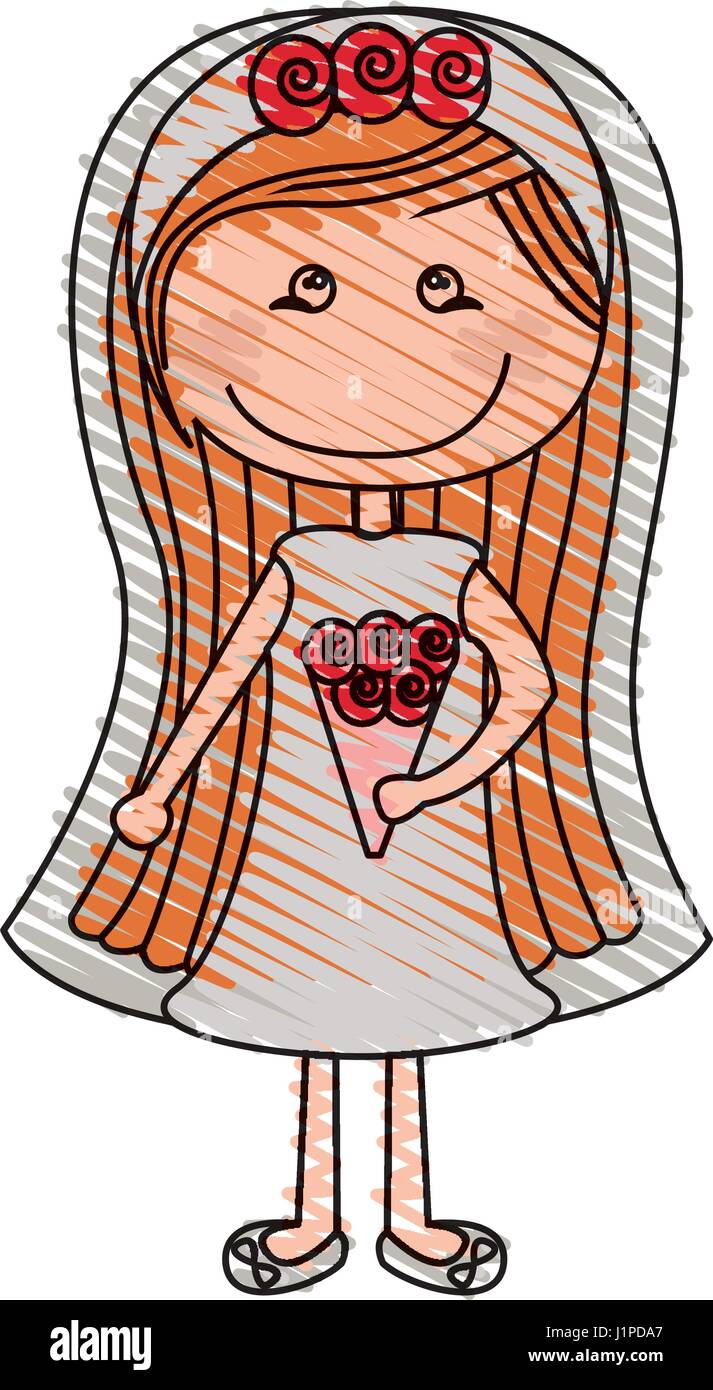 Disegno a matita colorata caricatura di donna in abito da sposa con orange lungo acconciatura Illustrazione Vettoriale