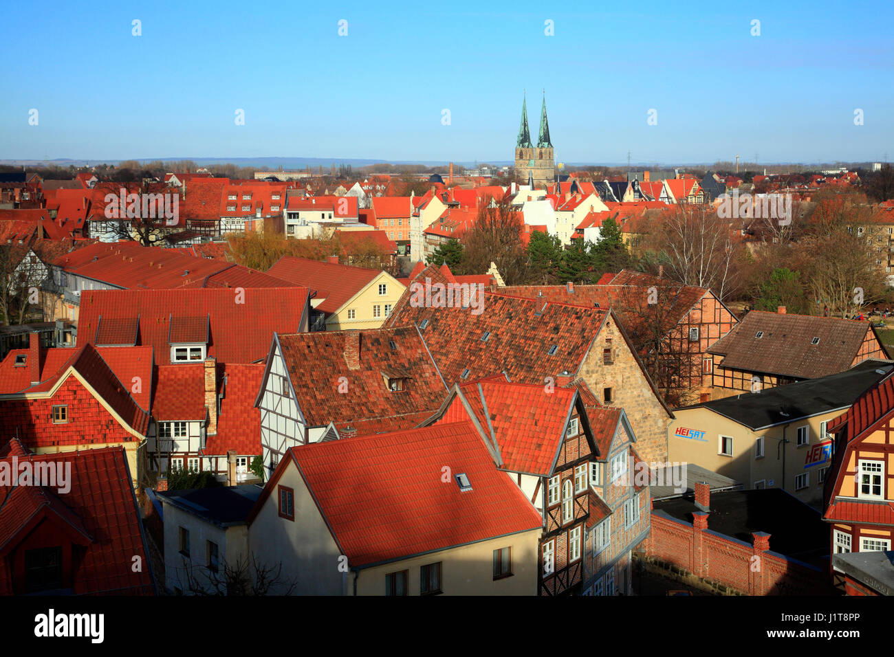 Vista dal Schlossberg, Quedlinburg, Sassonia-Anhalt, Germania, Europa Foto Stock