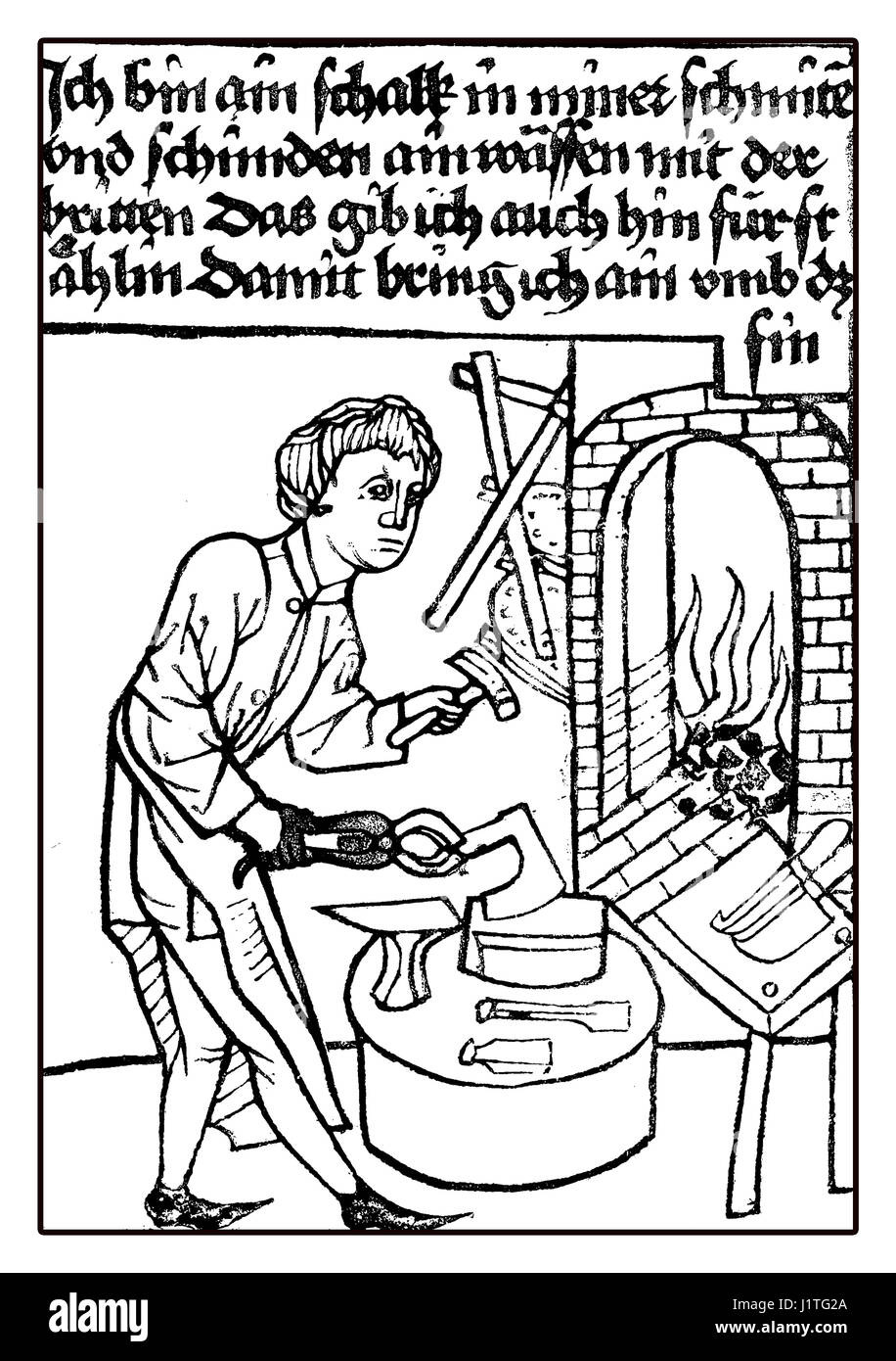 XV secolo: un perfido armourer funzionante a forge,immagine medievale Foto Stock