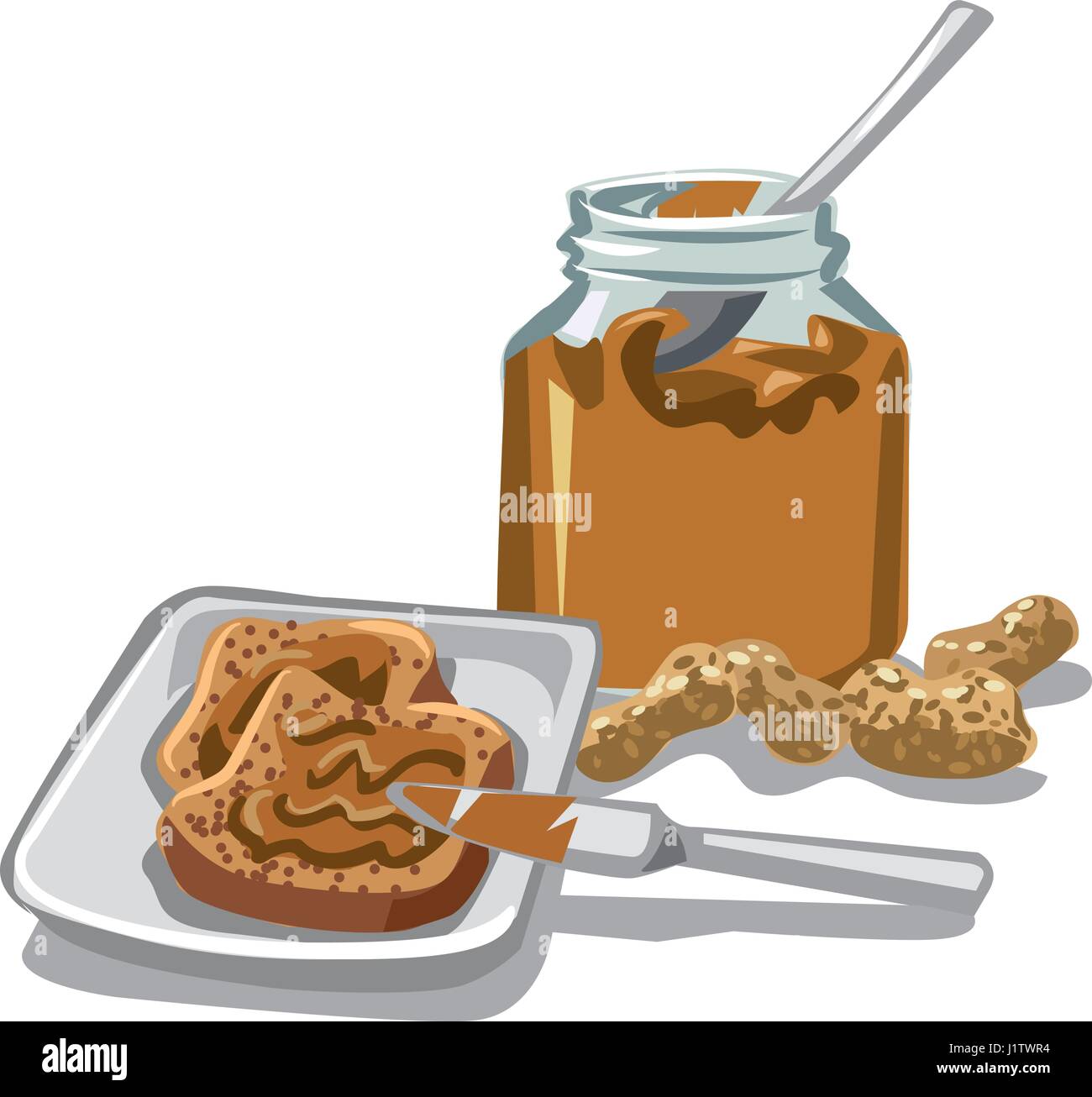 Illustrazione di burro di arachidi in vaso e fette di pane Illustrazione Vettoriale