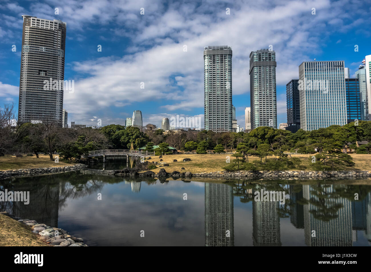 Un parco circondato da grattacieli Foto Stock