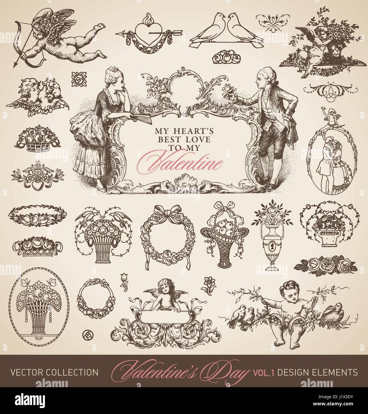 Antique valentines set (vector) Illustrazione Vettoriale