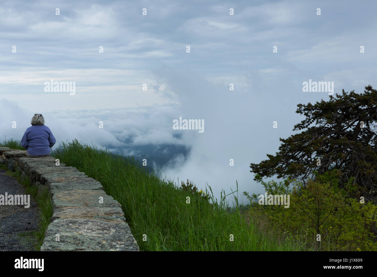 Donna seduta su una parete di roccia, valle nella nebbia, il Parco Nazionale di Shenandoah, VA, Stati Uniti d'America Foto Stock