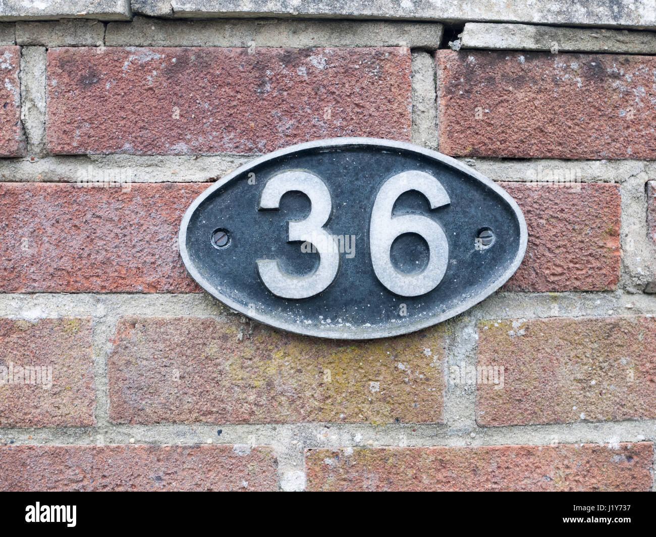 Un numero di targa su un muro di mattoni con 36 su di esso ovale segno nero timbro di metallo della piastra tag firmare Foto Stock