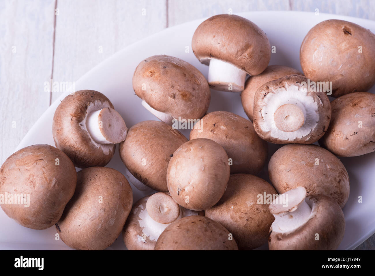 Freschi champignon interi in una ciotola di porcellana Foto Stock
