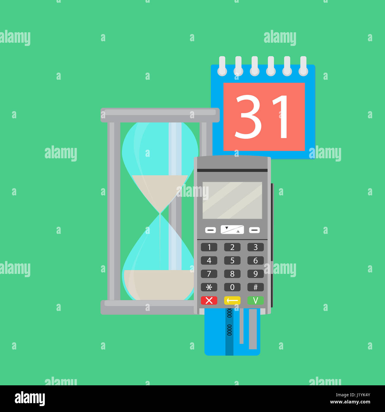 Tempo per pagare. Per il trasferimento di denaro e scheda terminale. Illustrazione Vettoriale Foto Stock