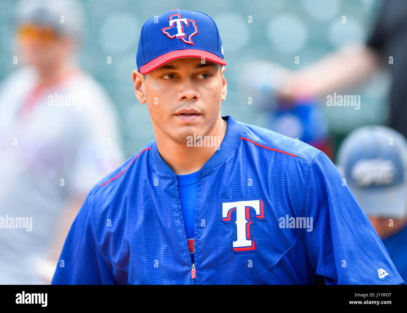 APR 20, 2017: Texas Rangers relief pitcher Keone Kela ha #50 durante una partita MLB tra il Kansas City Royals e Texas Rangers a Globe Life Park in Arlington, Texas TX sconfitto Kansas City in 13 inning da 1-0 Albert Pena/CSM Foto Stock