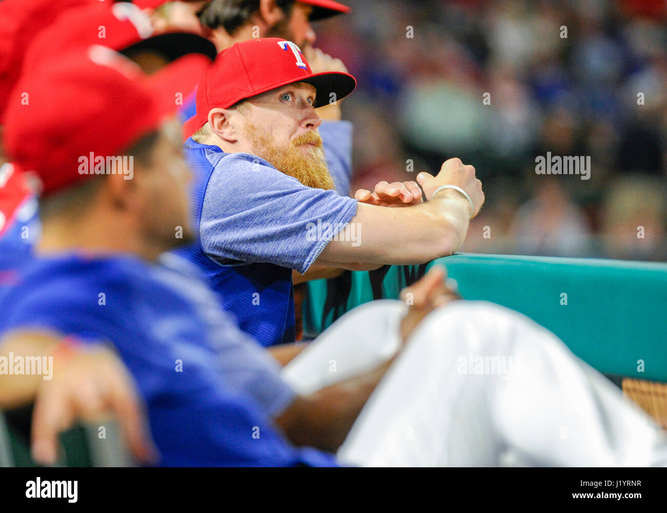 APR 20, 2017: Texas Rangers relief pitcher Jake Diekman #41 è fuori a causa di intervento chirurgico da colite ulcerosa durante una partita MLB tra il Kansas City Royals e Texas Rangers a Globe Life Park in Arlington, Texas TX sconfitto Kansas City in 13 inning da 1-0 Albert Pena/CSM Foto Stock