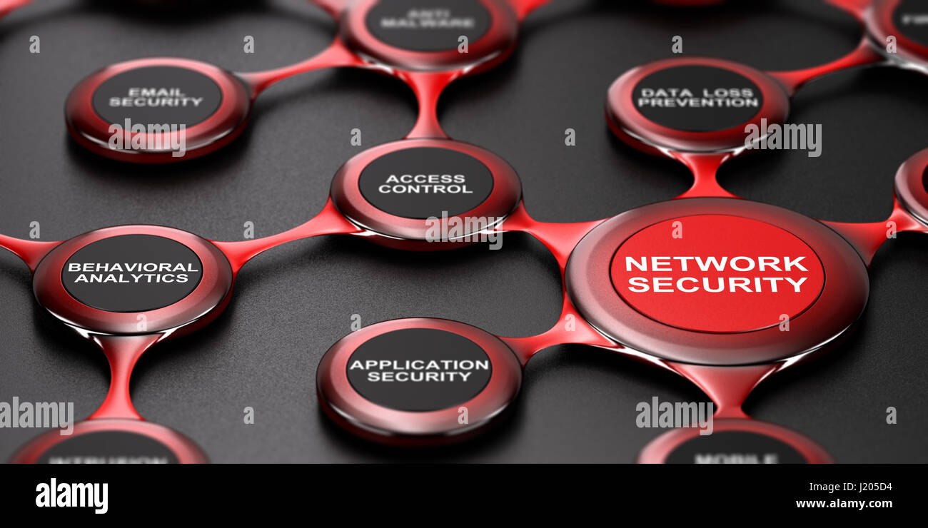 3D illustrazione dei servizi di sicurezza di rete su sfondo nero. Il design moderno. Foto Stock