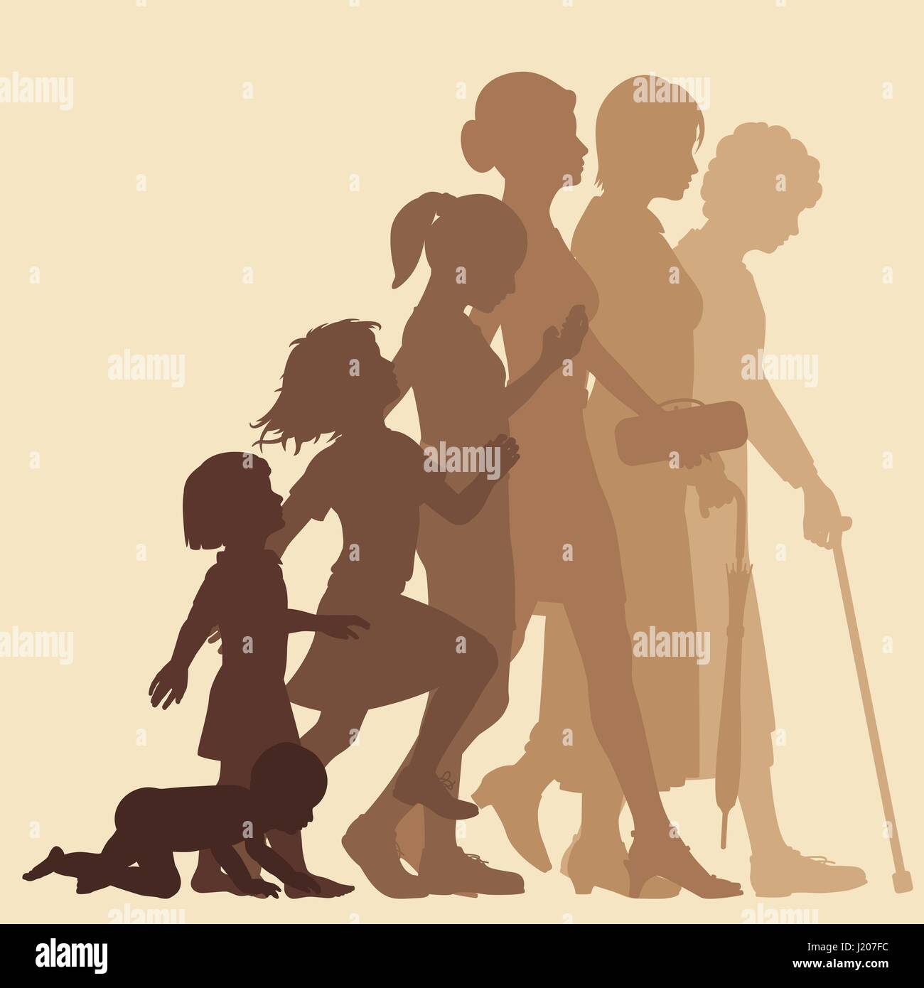 Vettore modificabile silhouette sequenza degli stadi del ciclo di vita di una donna con figure come oggetti separati Illustrazione Vettoriale