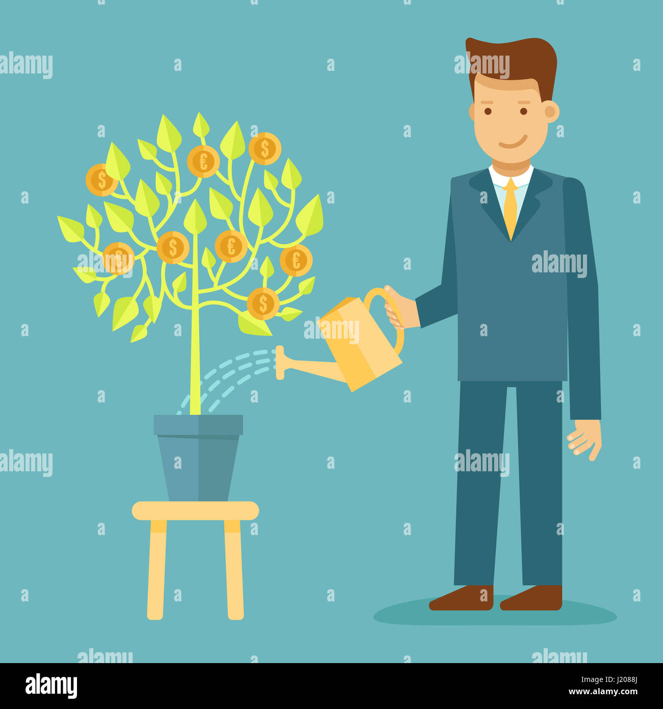 Illustrazione in stile appartamento con business man carattere - guy irrigazione albero verde con monete - lo sviluppo del business e il concetto di investimento - inf Foto Stock