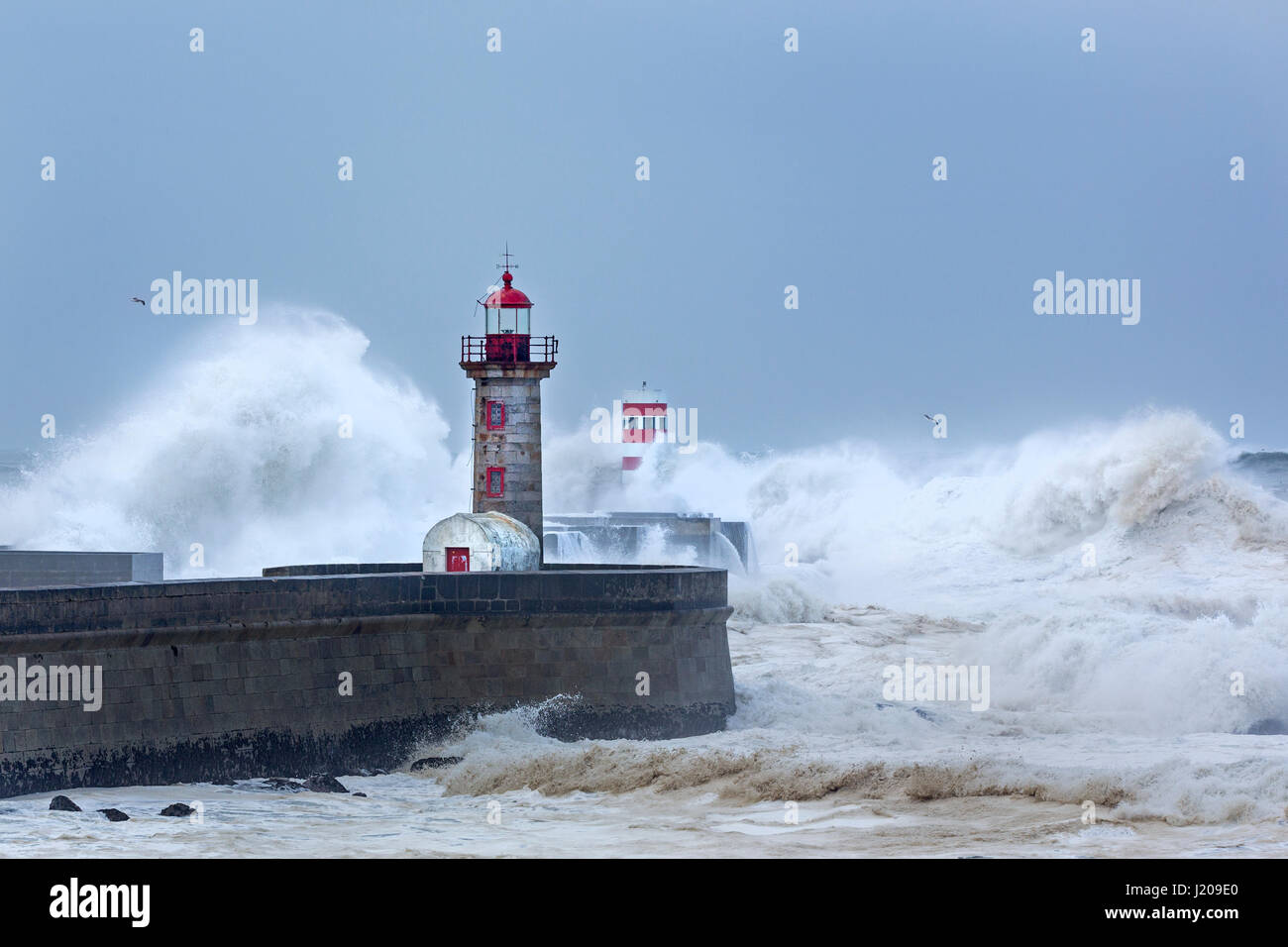 Faro del porto con la tempesta, Portogallo, Europa Foto Stock