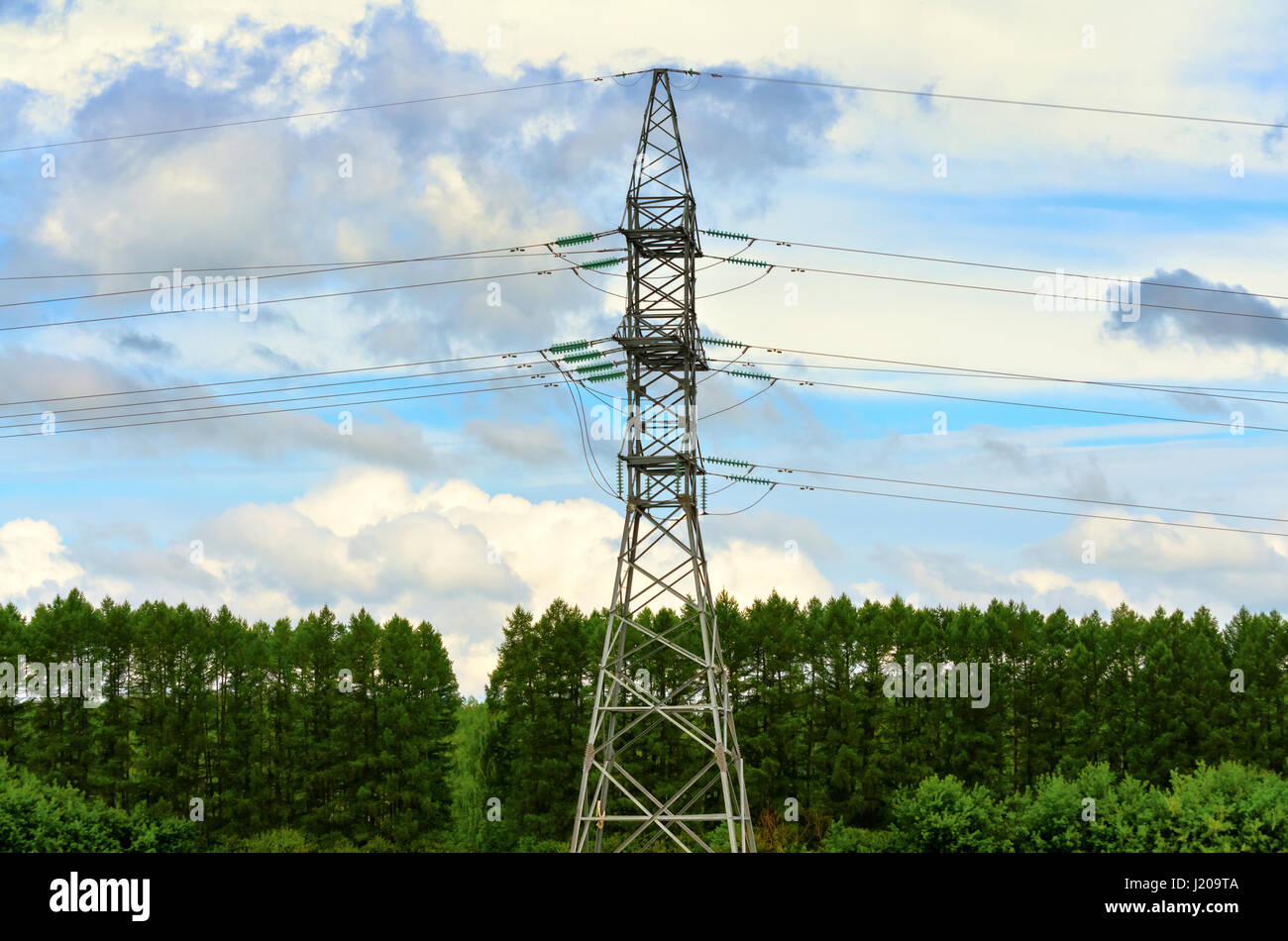 Alta tensione pilone elettrico su uno sfondo di cielo e foresta Foto Stock