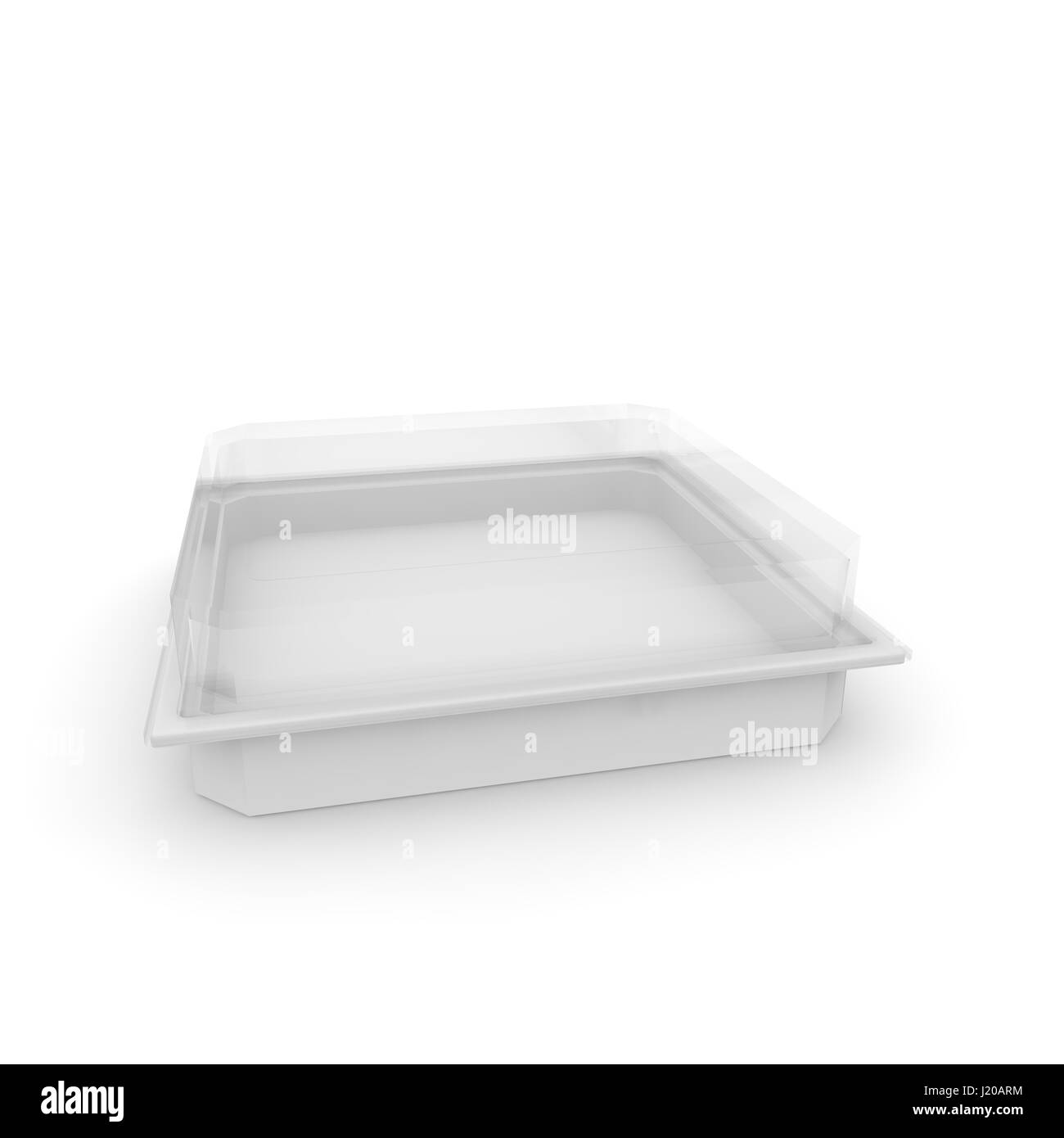 Svuotare il contenitore di plastica con un coperchio trasparente per alimenti, prodotti dolciari, e altri prodotti. Sfondo isolato. 3D illustrazione Foto Stock