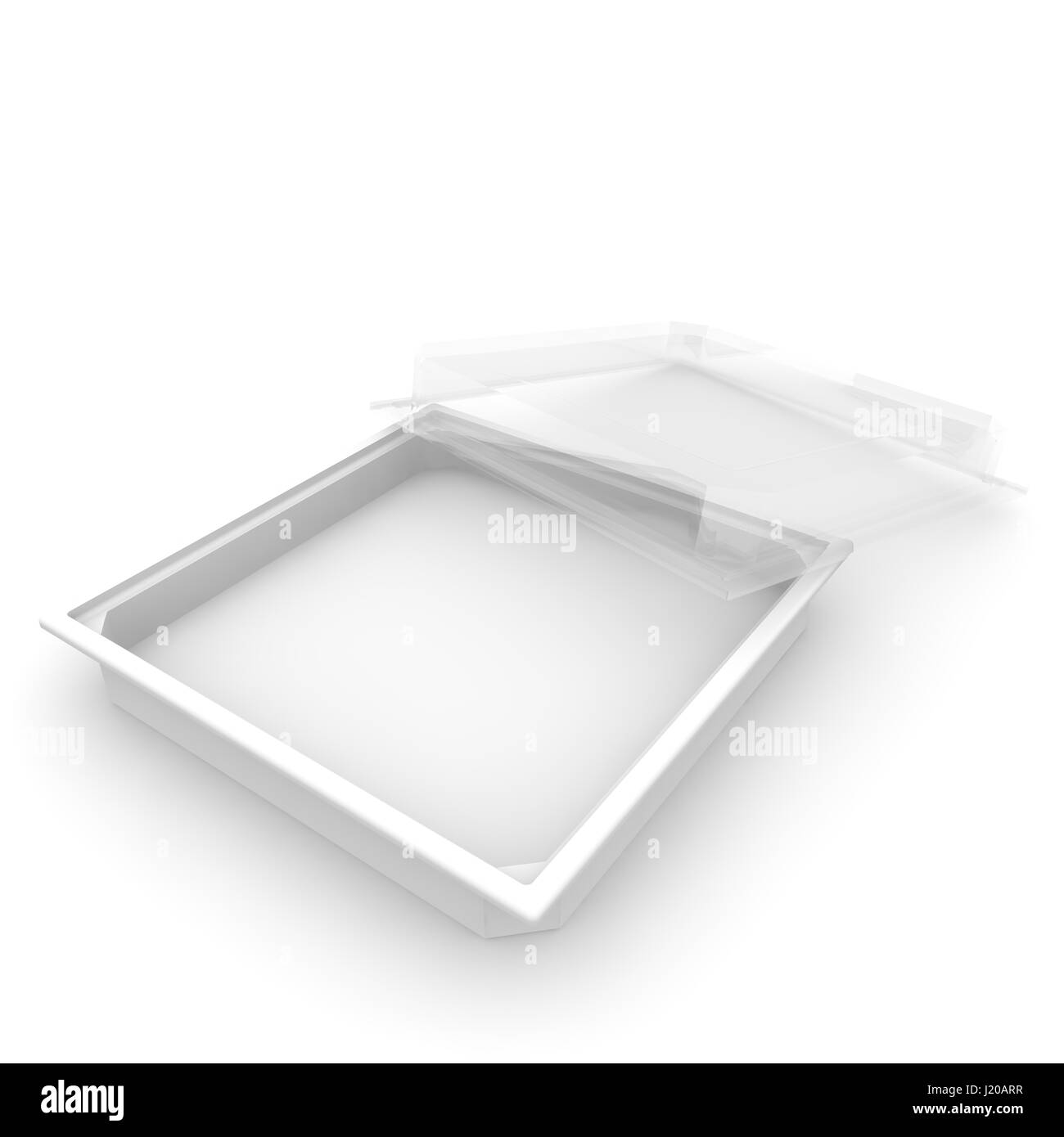 Svuotare il contenitore di plastica con un coperchio trasparente per alimenti, prodotti dolciari, e altri prodotti. Sfondo isolato. 3D illustrazione Foto Stock