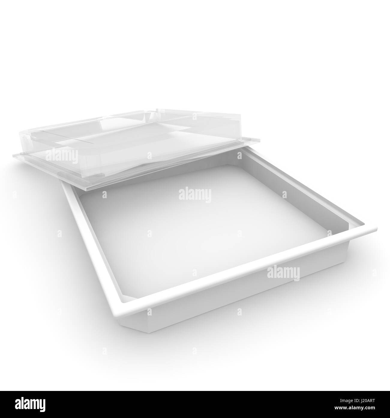 Svuotare il contenitore di plastica con un coperchio trasparente per alimenti, prodotti dolciari, e altri prodotti. Sfondo isolato. 3D illustrazione Foto Stock