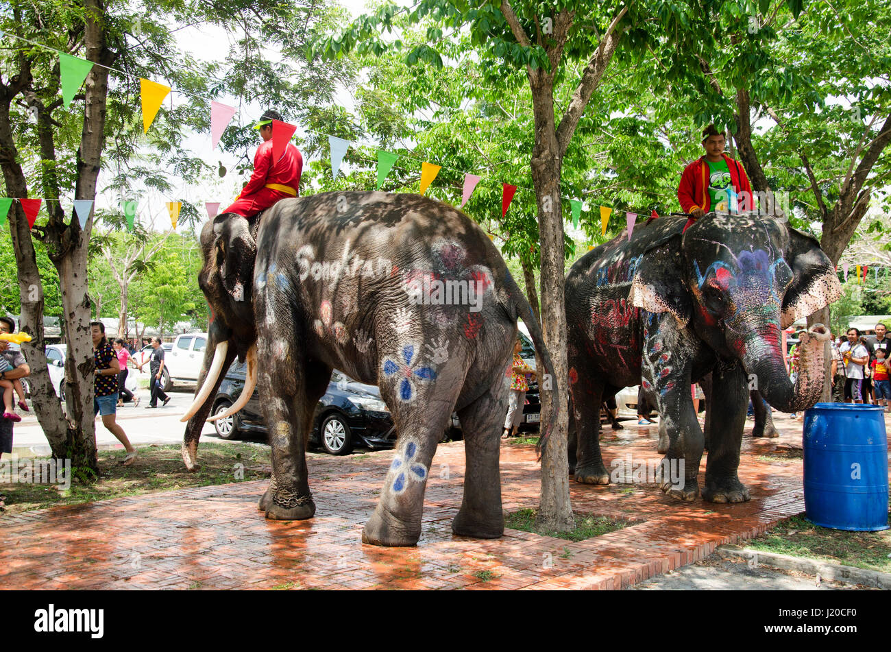 Popolo Thai e viaggiatori stranieri di giocare e spruzzi d'acqua con gli elefanti e persone in Songkran Festival di Ayutthaya city il 14 aprile 2017 in Foto Stock