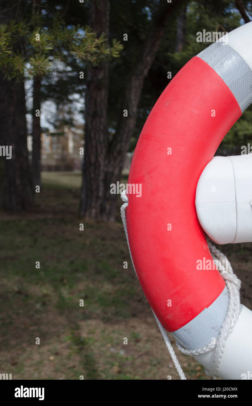 Parte del salvagente contro alberi in background Foto Stock