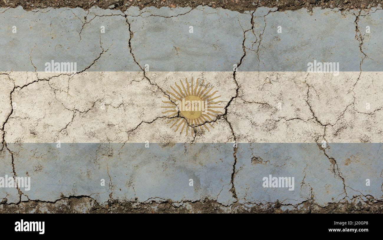 Il vecchio grunge sporco vintage sbiadito shabby distressed Argentina o ufficialmente la Repubblica argentina bandiera con sole di maggio (Sol de Mayo) contesto si è rotto Foto Stock
