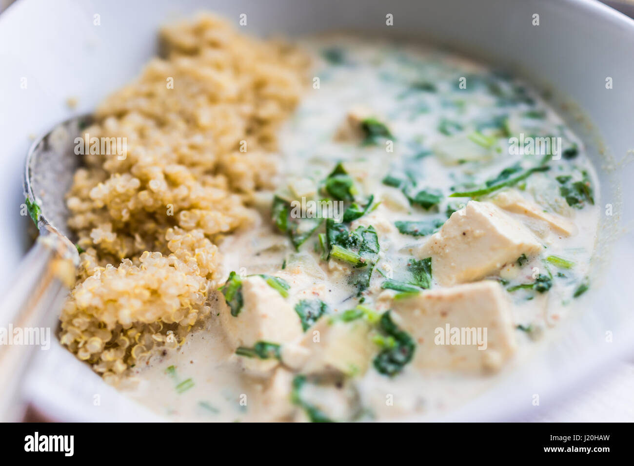 Macro closeup di tofu curry verde con la quinoa nel recipiente Foto Stock