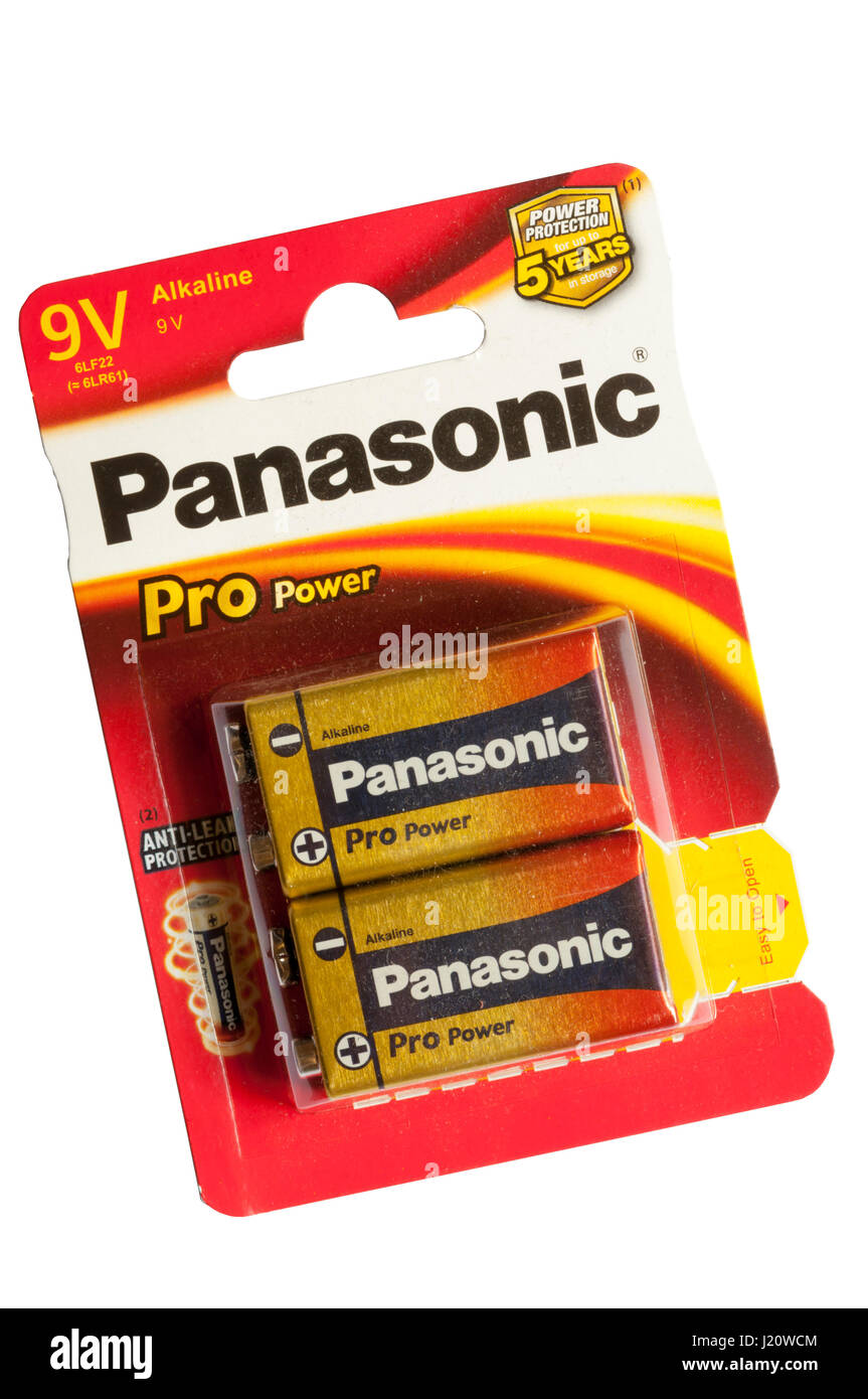 Un pacchetto di due Panasonic batterie da 9 volt. Foto Stock