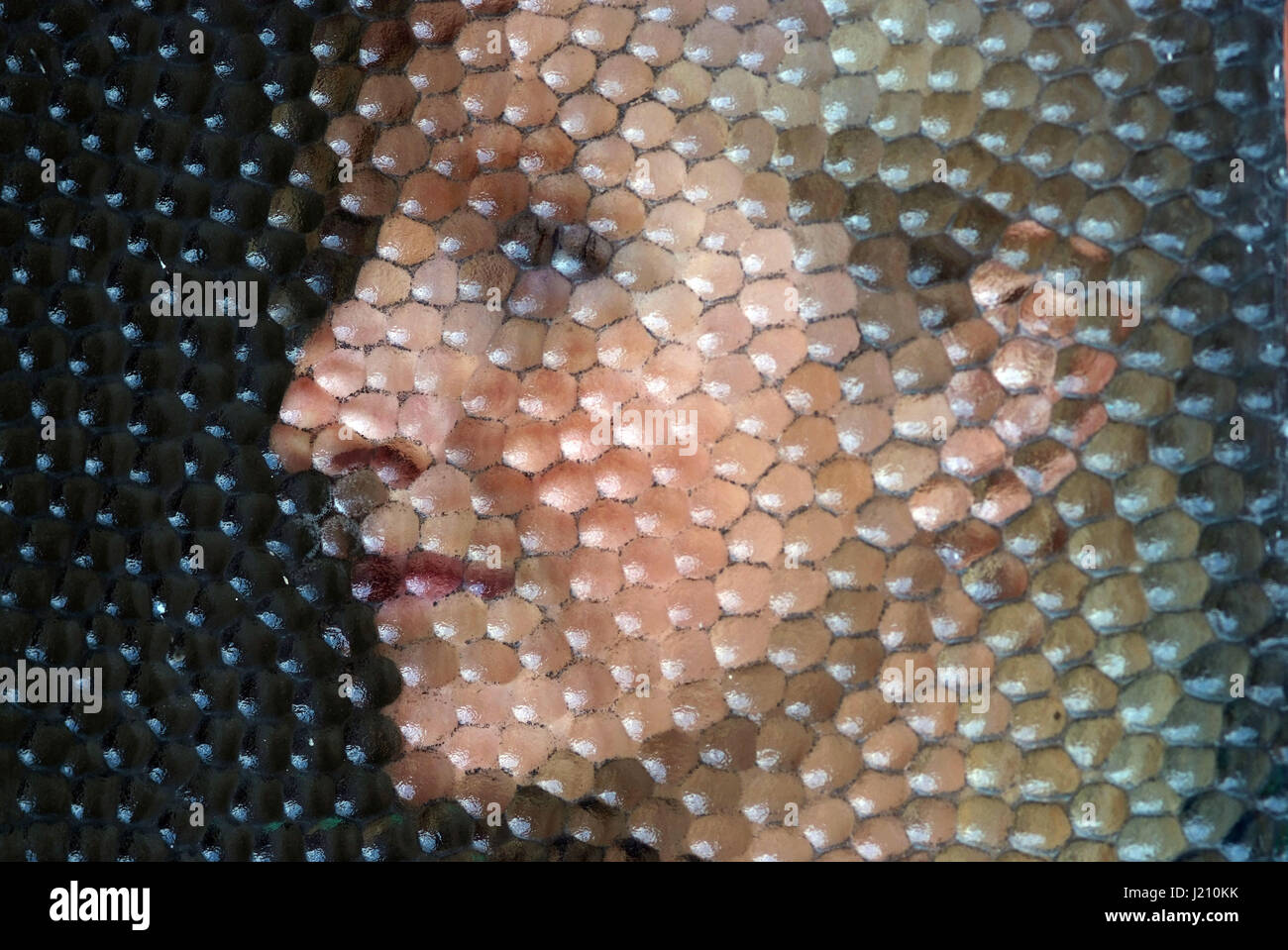 Bionda non identificabili volto femminile dietro il vetro satinato panelfemales Foto Stock