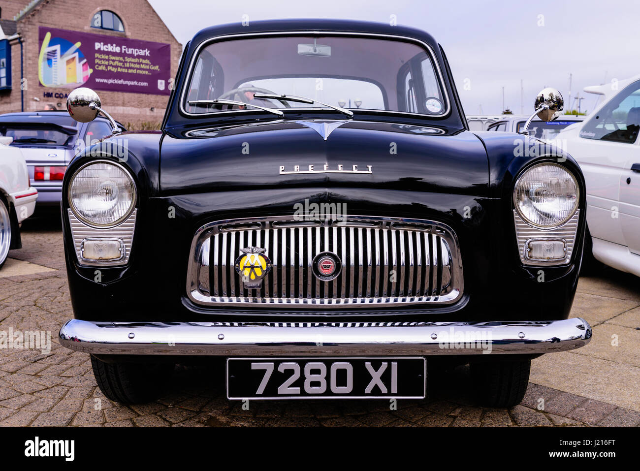Parte anteriore di una Ford Prefetto 100E (1953-1959) con una AA badge sulla griglia. Foto Stock