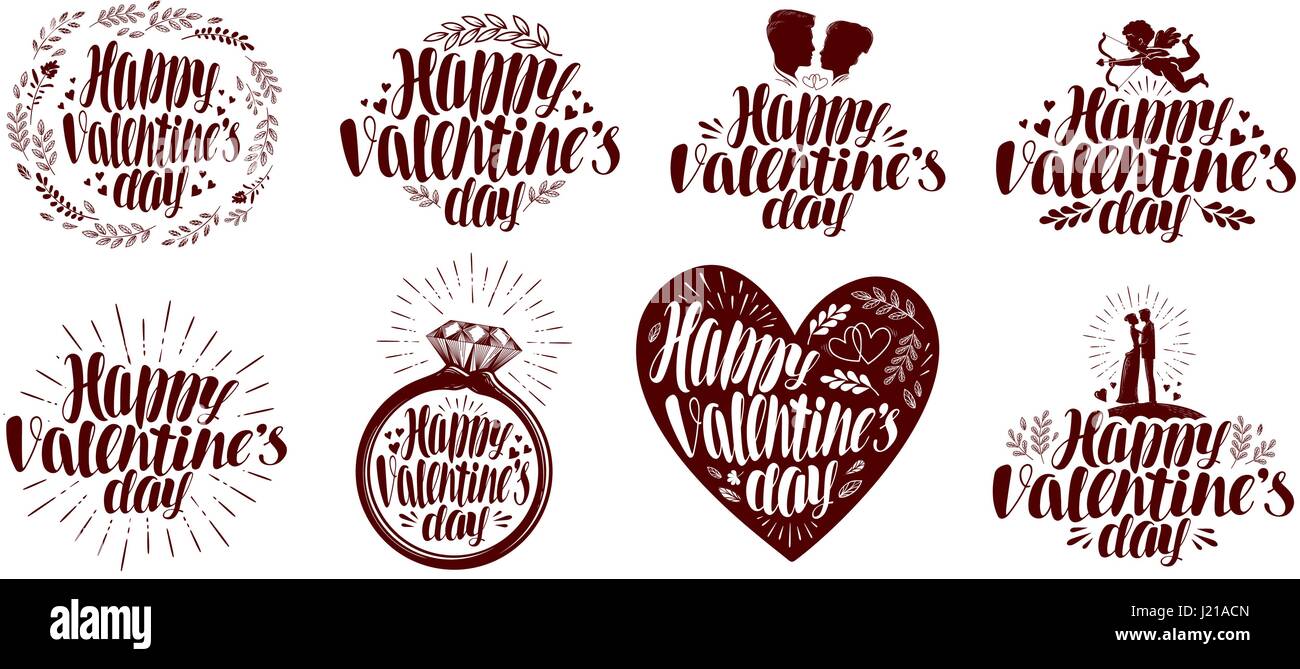 Felice il giorno di San Valentino, set di etichette. Holiday Icona o simbolo. Lettering, calligrafia illustrazione vettoriale Illustrazione Vettoriale