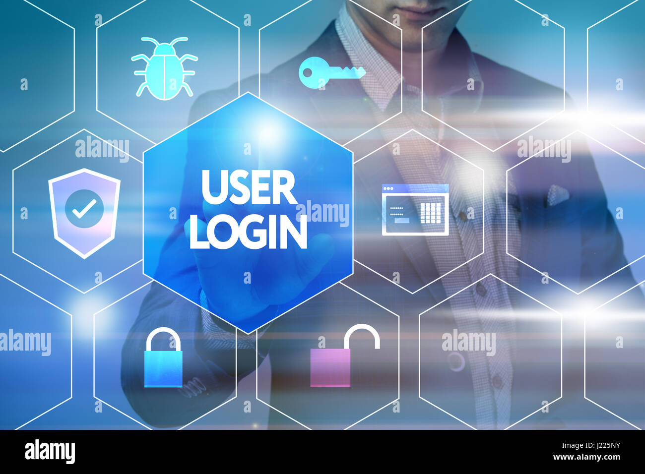 Business, tecnologia Internet e networking concetto. Imprenditore preme un pulsante sullo schermo virtuale: login utente Foto Stock