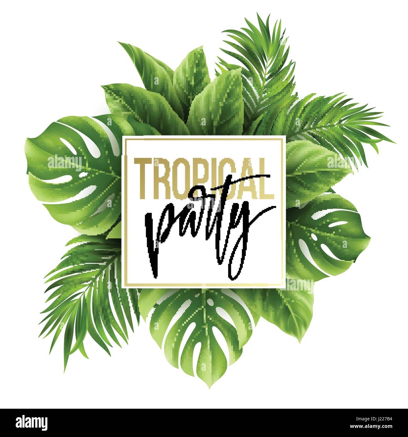 Estate foglia tropicale con uno sfondo con palme esotiche foglie. Party flyer modello. Caratteri della scrittura. Illustrazione Vettoriale Illustrazione Vettoriale