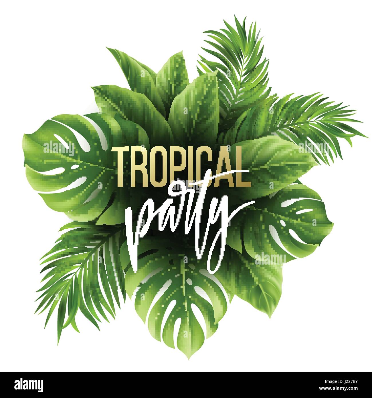 Estate foglia tropicale con uno sfondo con palme esotiche foglie. Party flyer modello. Caratteri della scrittura. Illustrazione Vettoriale Illustrazione Vettoriale