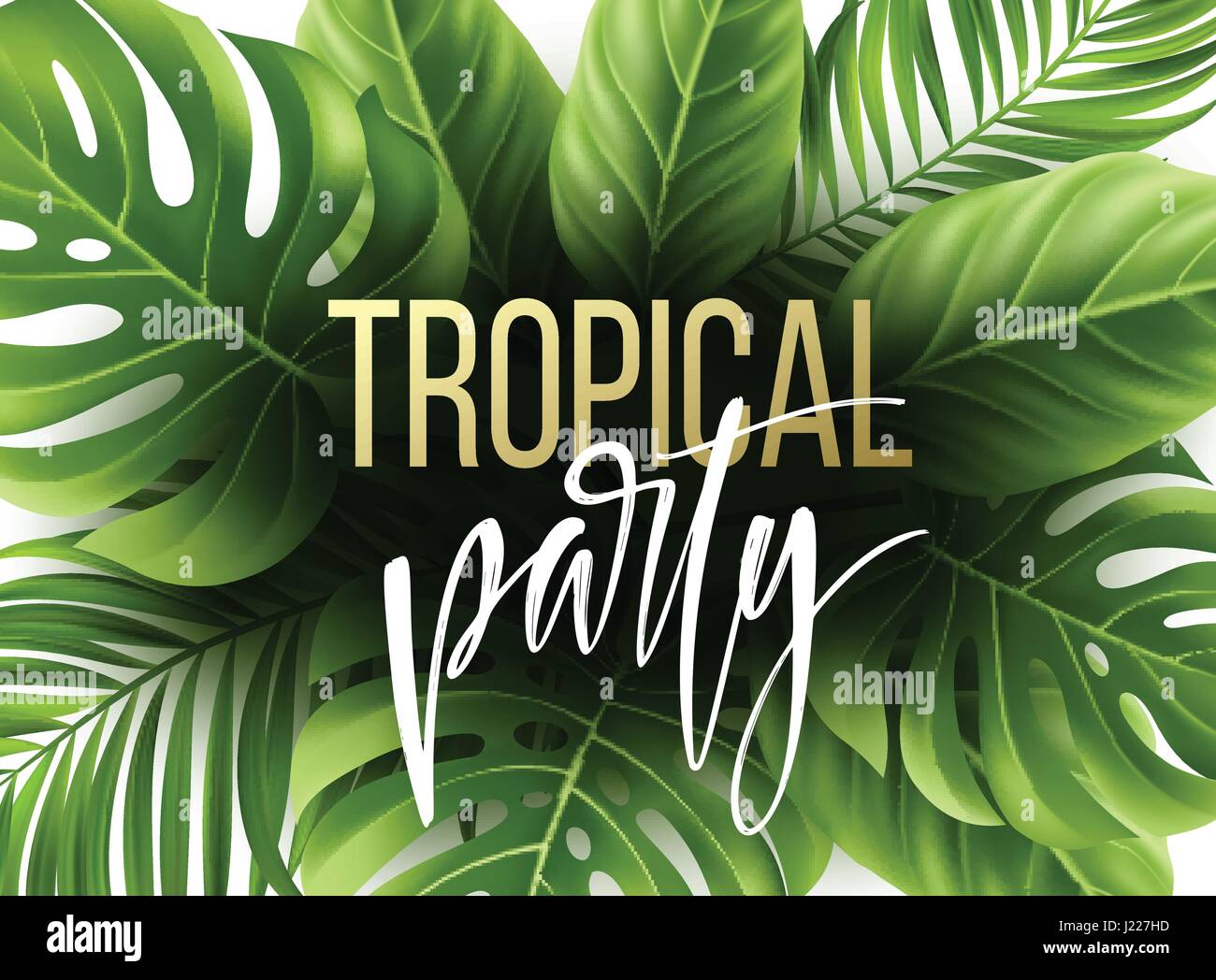 Estate foglia tropicale con uno sfondo con palme esotiche foglie. Party flyer modello. Caratteri della scrittura. Illustrazione Vettoriale Illustrazione Vettoriale