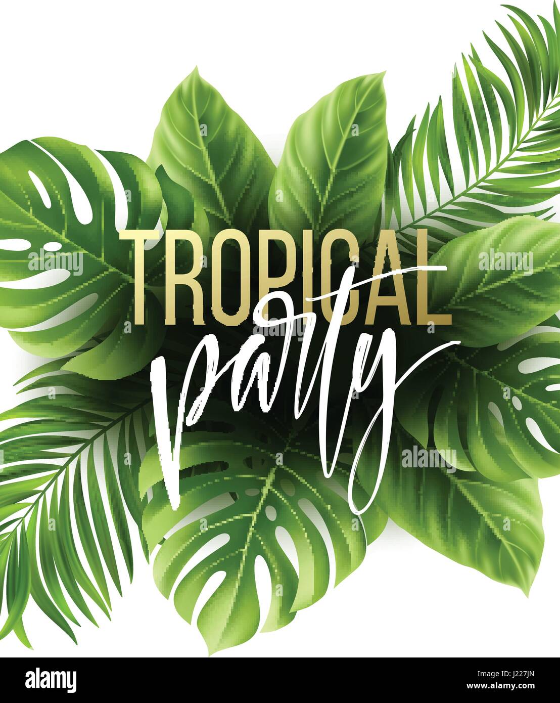 Estate foglia tropicale con uno sfondo con palme esotiche foglie. Party flyer modello. Caratteri della scrittura. Illustrazione Vettoriale Illustrazione Vettoriale