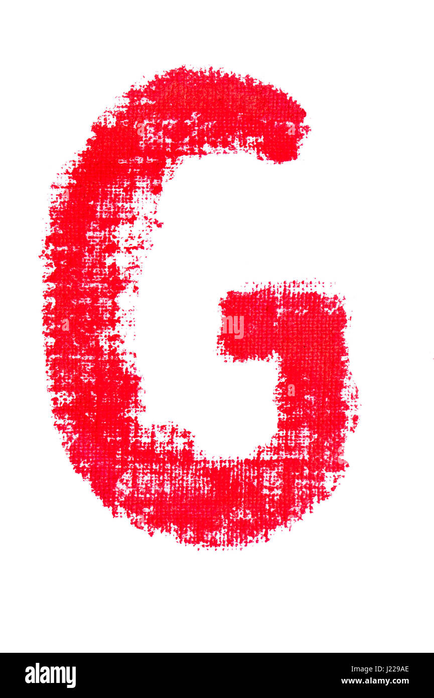 Isolato lettera maiuscola G fatta di rossetto rosso con texture di tessuto Foto Stock