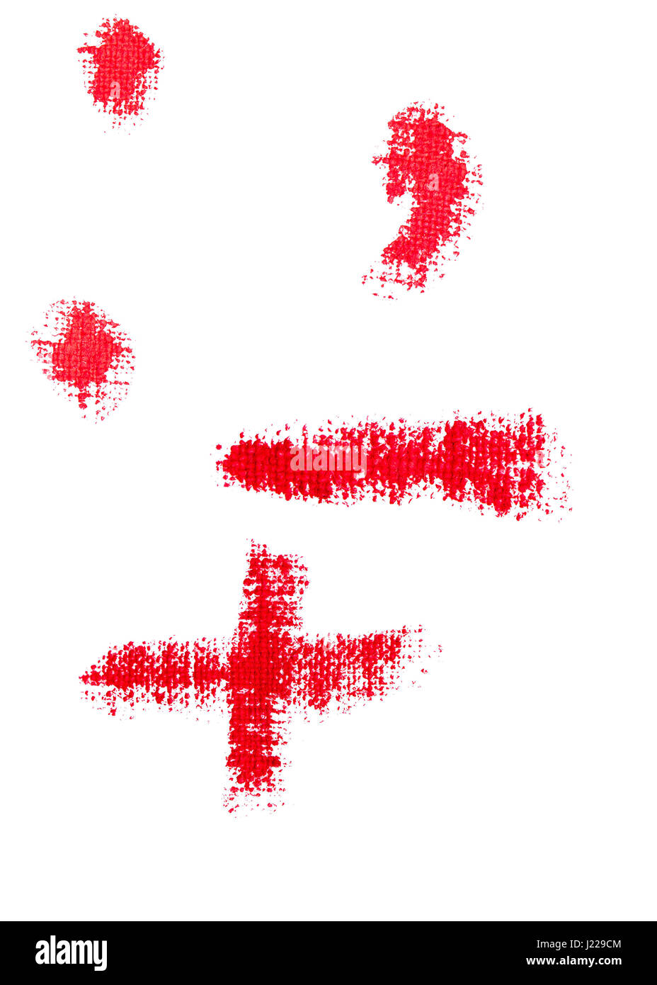 Isolato di segni di punteggiatura fatta di rossetto rosso con texture di tessuto Foto Stock