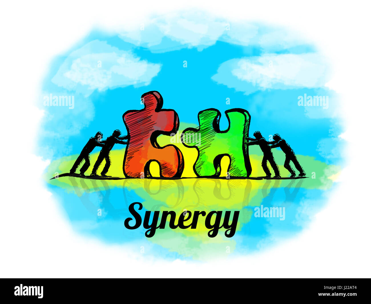 Illustrazione.Business concetto di lavoro di squadra con puzzle. Sunergy Foto Stock