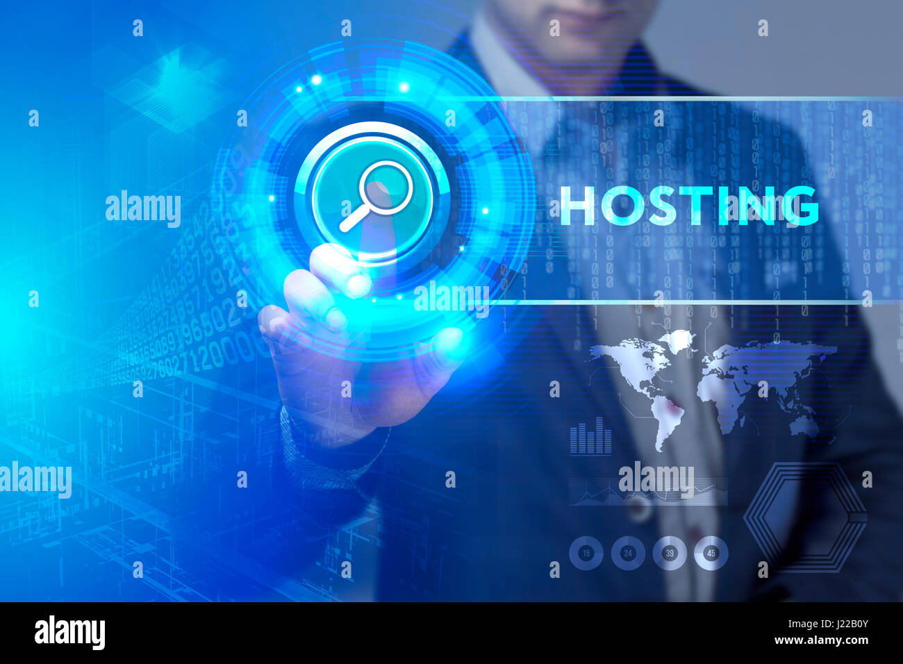 Business, tecnologia Internet e il concetto di rete. Business man lavorando sulla tavoletta del futuro, selezionare sul display virtuale: Hosting Foto Stock