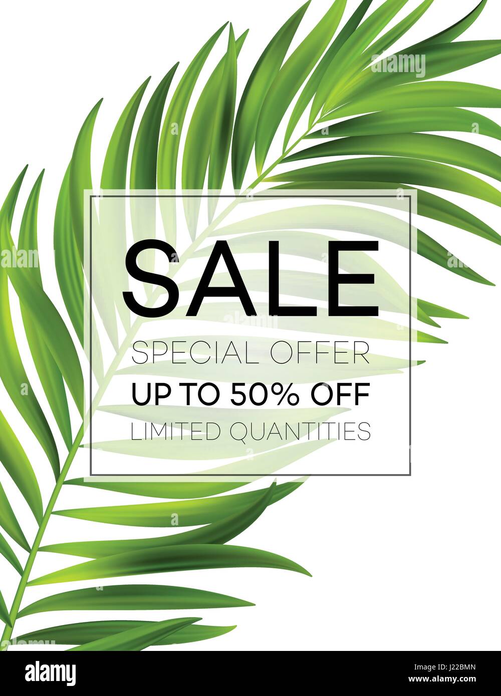Vendita banner o un poster con foglie di palma e jungle foglia. Floral estate tropicale sfondo. Illustrazione Vettoriale Illustrazione Vettoriale