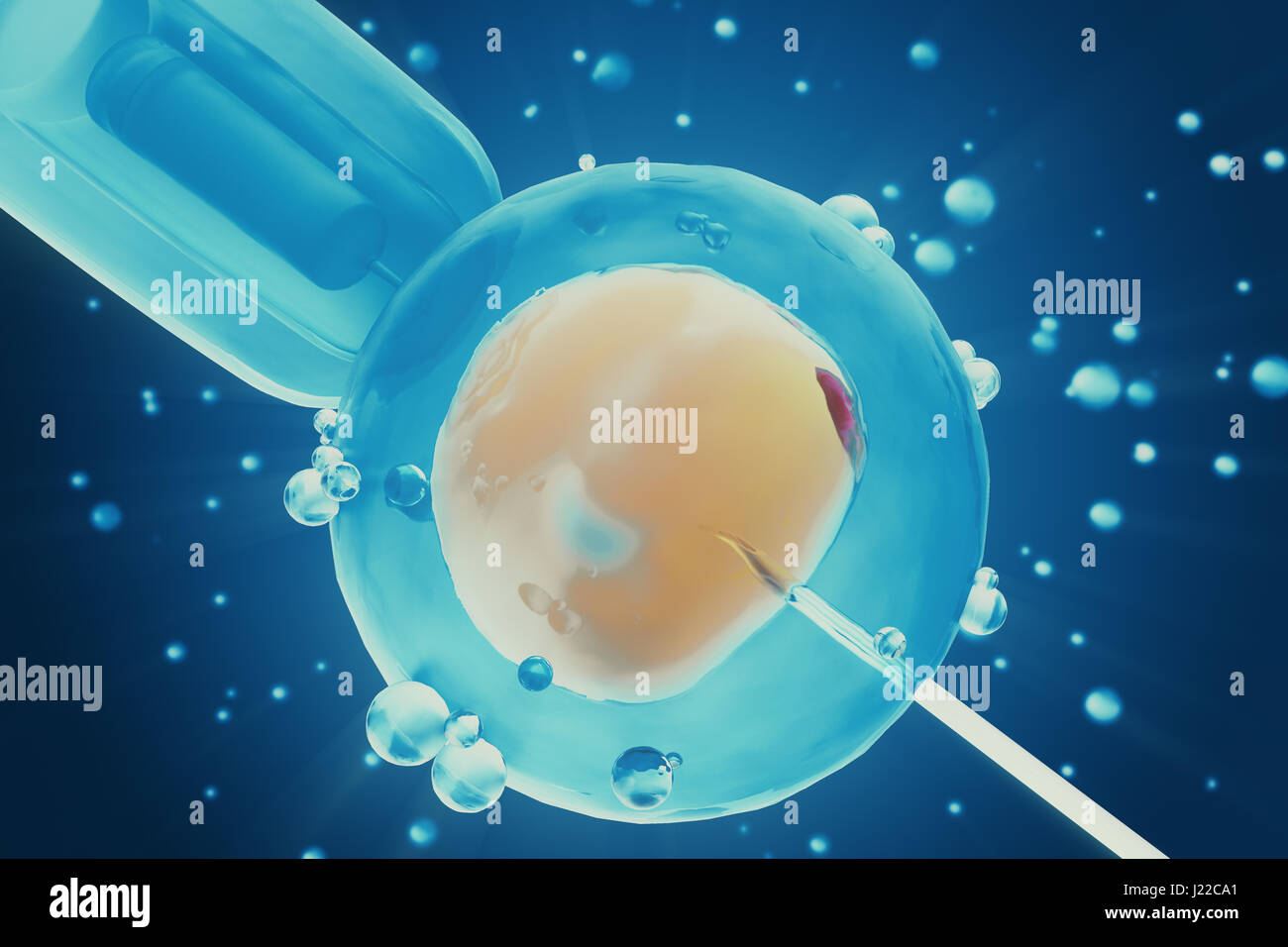 3d illustrazione di inseminazione artificiale di processo. Ago di vetro concimazione una femmina uovo, concetto, esperimento scientifico Foto Stock
