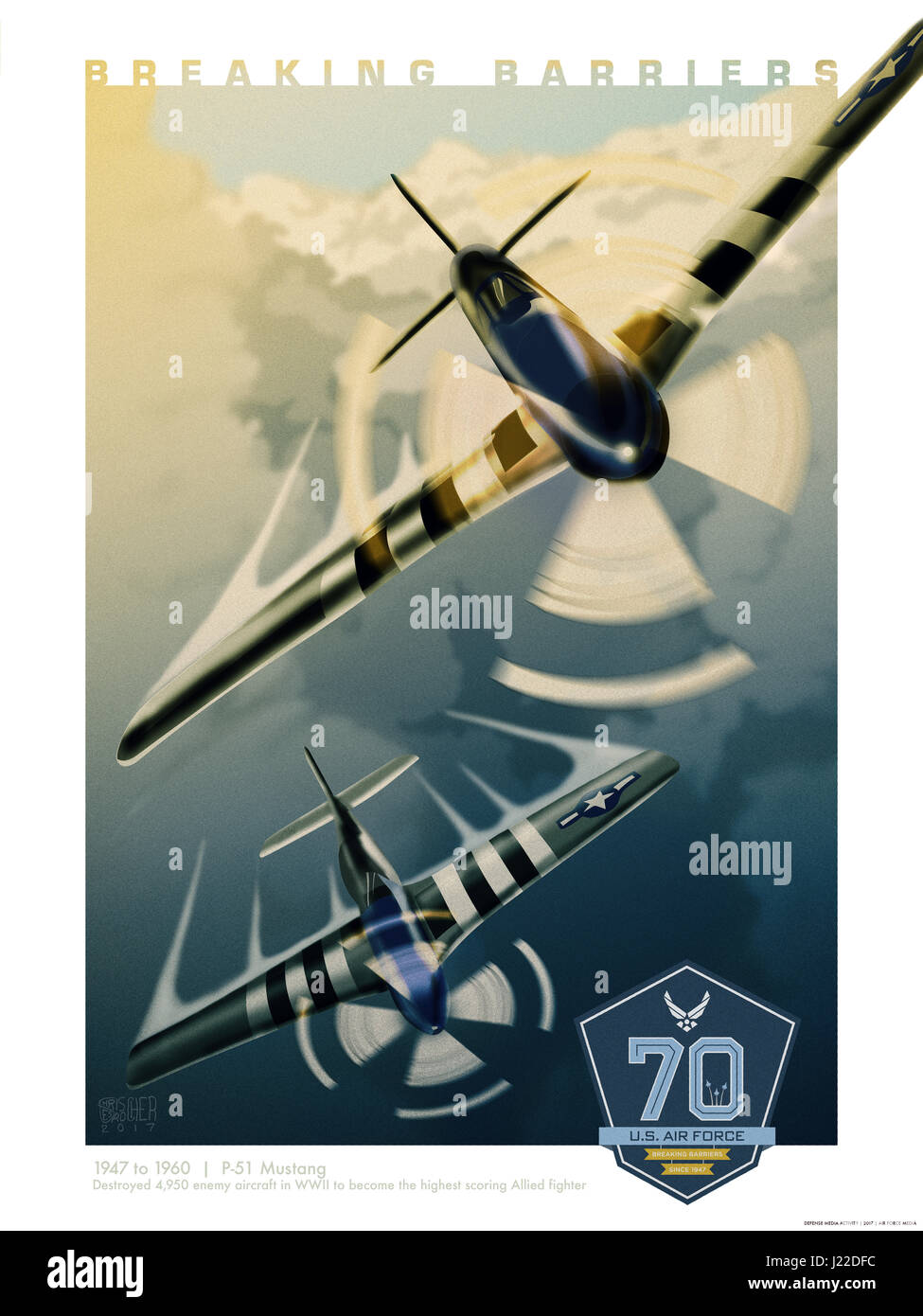 Poster promozionali a AIRMAN Magazine per il settantesimo compleanno della US Air Force. Dispone di due P-51 Mustangs volando attraverso le nuvole, il tema "Rompere le barriere" e il settantesimo compleanno logo (logo creato da un altro artista) Foto Stock