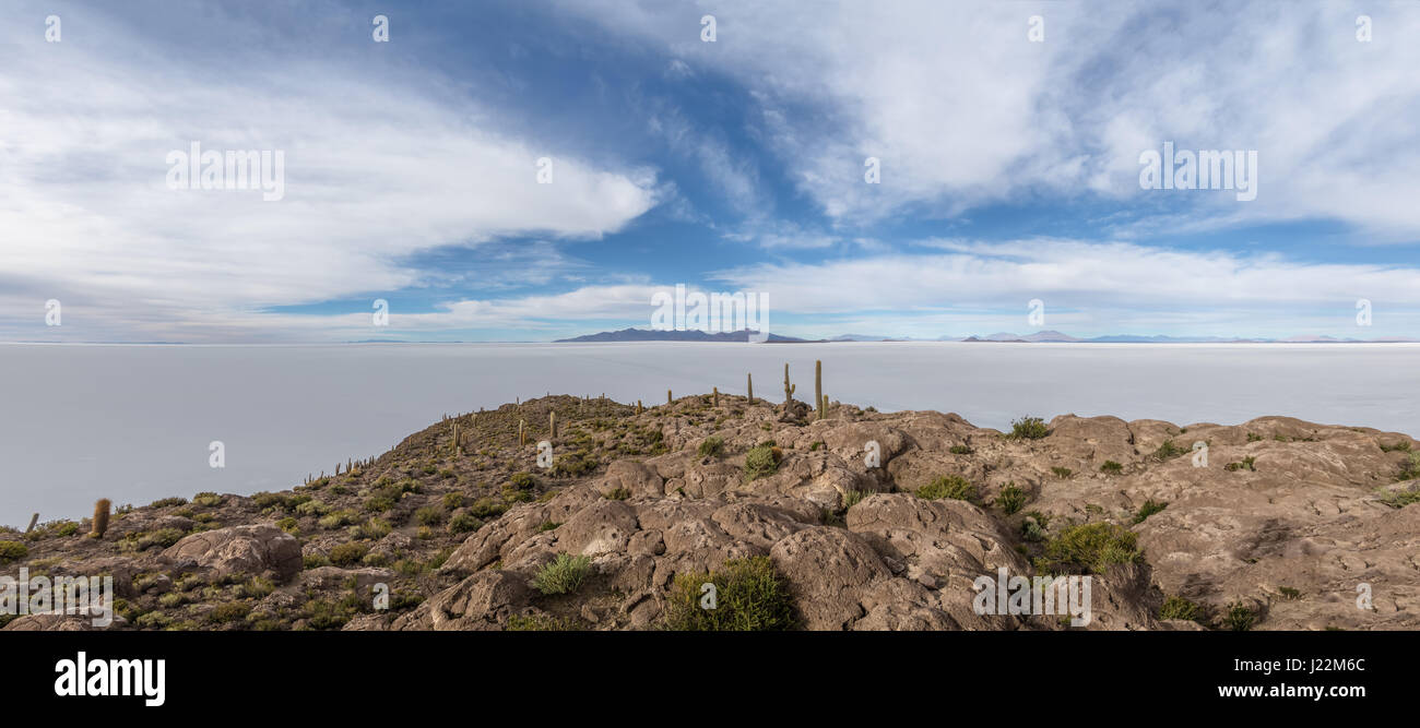 Vista panoramica di Incahuasi Cactus isola nel Salar de Uyuni distesa di sale - dipartimento di Potosi, Bolivia Foto Stock