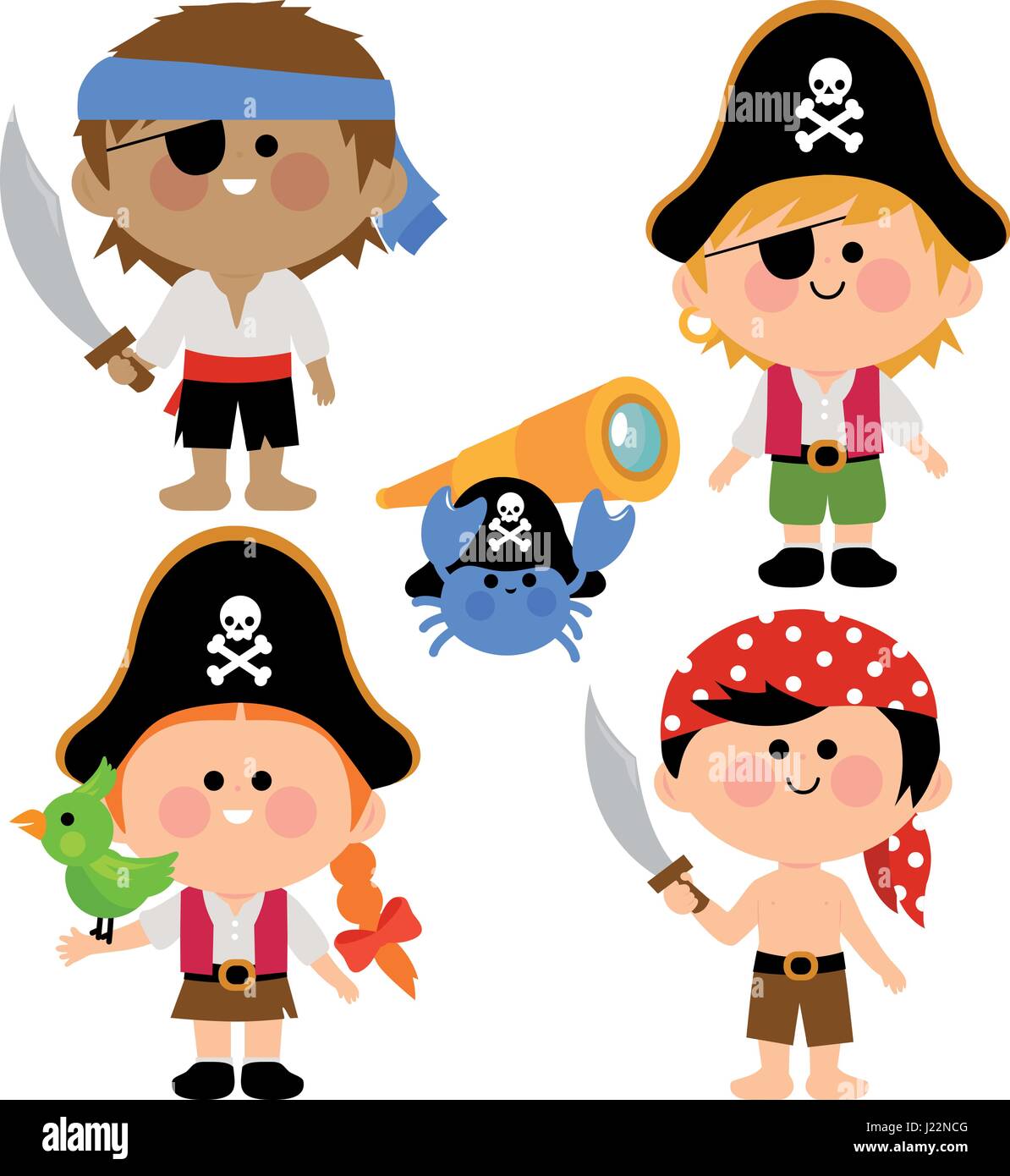 Ragazzi e ragazze felici in costumi pirati con spade. Bambini pirati, pappagalli e animali marini. Illustrazione vettoriale Illustrazione Vettoriale