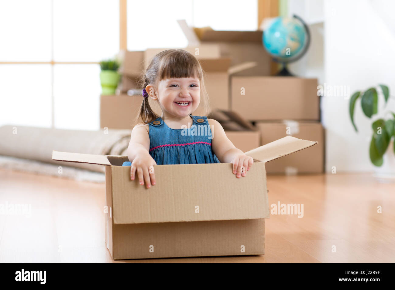 Il passaggio a un nuovo appartamento. Capretto felice in una scatola di cartone. Foto Stock