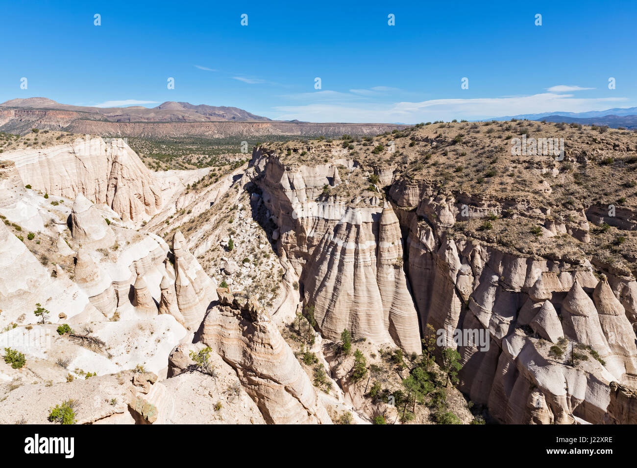 Stati Uniti d'America, Nuovo Messico, Pajarito Plateau, Sandoval County, Kasha-Katuwe tenda Rocks National Monument, vista della vallata desertica con bizzarre formazioni rocciose Foto Stock